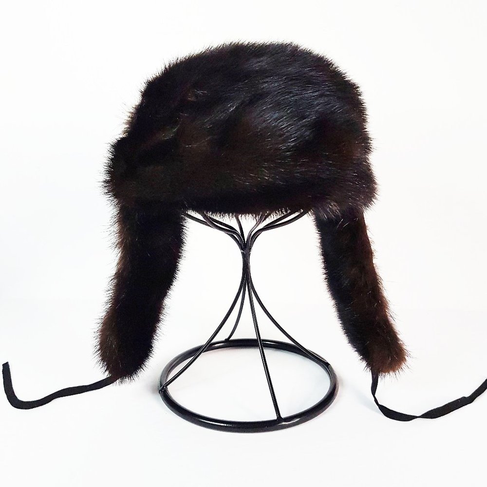 Vintage Dark Brown Mink Suede Fur Aviator Hat, Real Fur Trapper Hat